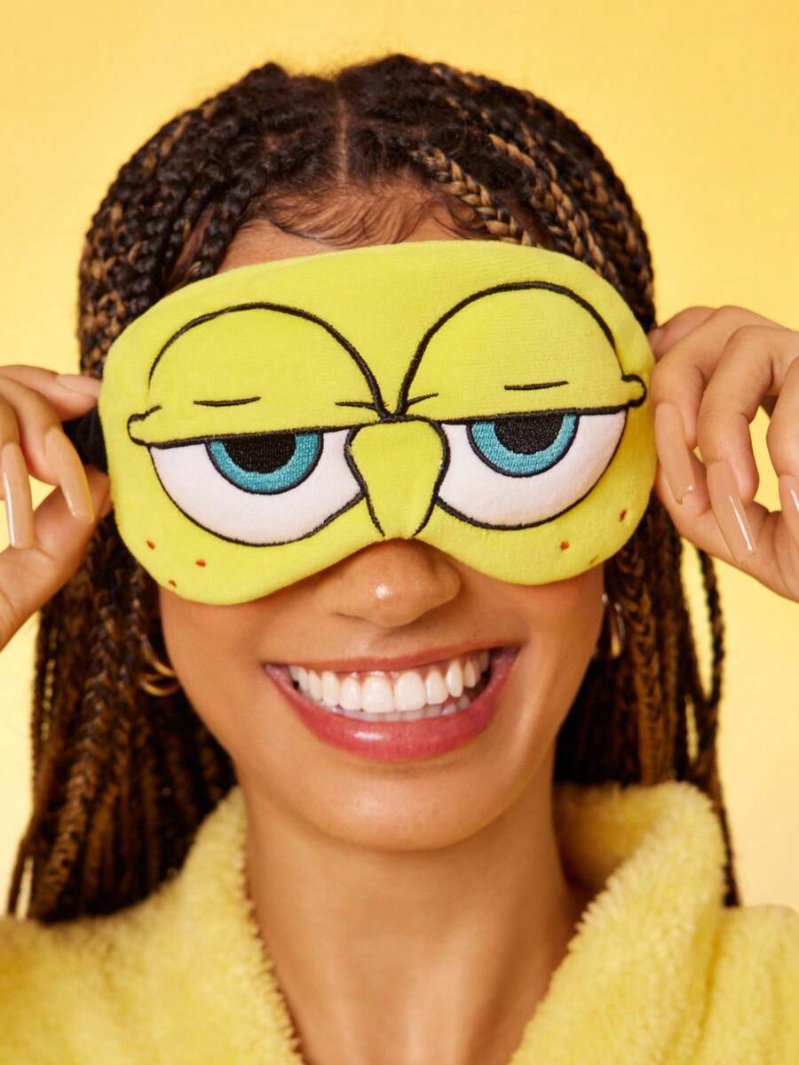 SpongeBob SquarePants | SHEIN 1pc Cartoon Embroidered Eye Mask, Cute Raised Design, Soft Plush Material, Strong Blackout, Suitable For Travel, Office Nap