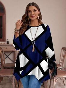 EMERY ROSE Casual Minimalist Colorblock Print Plus Size Long Sleeve Loose T-Shirt, Suitable For Autumn/Winter Fall - Multicolor - View 4