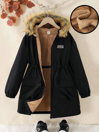 Tween Girls Casual Streetwear Warm Thermal Lined Cinched Waist Loose Mid-Length Hooded Jacket Outwear,In Fall/Winter