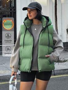 EURMUSE Women Solid Color Zipper And Pocket Detailed Winter Vests Y2k - Green - View 1