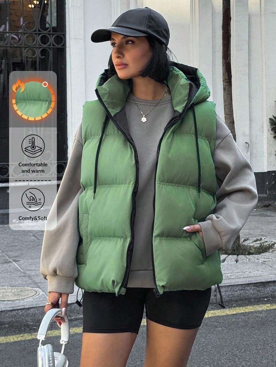 EURMUSE Women Solid Color Zipper And Pocket Detailed Winter Vests Y2k - Green - View 1