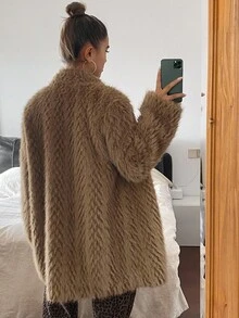 DAZY 女式仿毛领中长款纯色大衣，秋冬 - 咖啡棕 - 查看 2