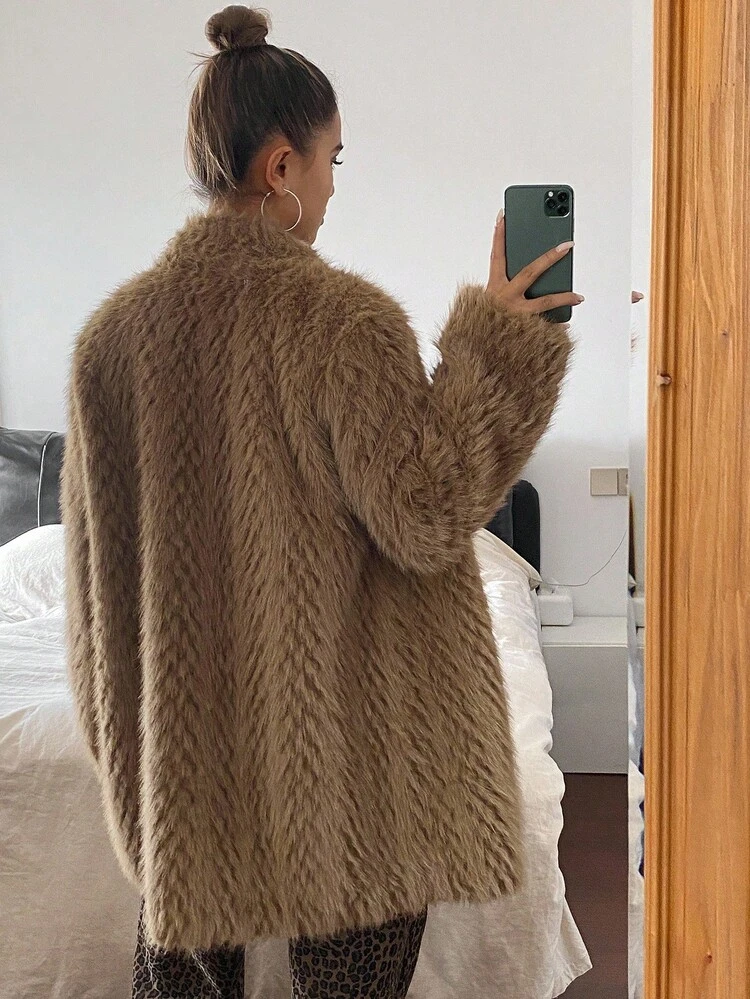 Women's Faux Fur Collar Mid-Length Solid Color Coat, Autumn/Winter
