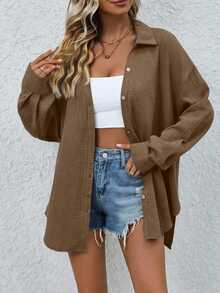 EMERY ROSE Women's Casual Loose Fit Drop Shoulder Long Shirt, Solid Color, Versatile, Spring/Autumn - Coffee Brown - View 4