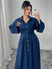 Modelyn Navy Blue Pleated Collar Open Front Batwing Long Sleeve Colorblock Dress, Plus Size - Blue - View 6