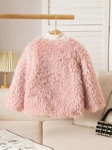 Young Girl' Fashionable Urban Minimalist Fluffy Loose Long Sleeve Zip-Up Cardigan Jacket, Pink, Winter Outerwear Fall