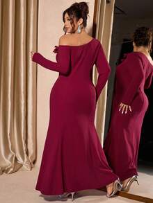 Cravure Plus Size Women Solid Color 3D Floral Decor Asymmetric Shoulder Long Sleeve Fishtail Hem Elegant Dress