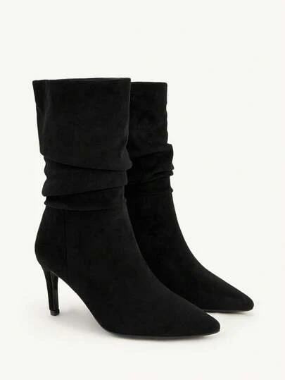 CUCCOO CHICEST Women's Autumn/Winter New Arrival Pleated Pointed Toe Slim High Heel Elegant Commuter All-Match Classic Comfortable Black Faux Suede Velvet Mid-Calf Boots, Suitable For Date, Work, Halloween, Christmas, Thanksgiving, Versatile Elegant Shoes