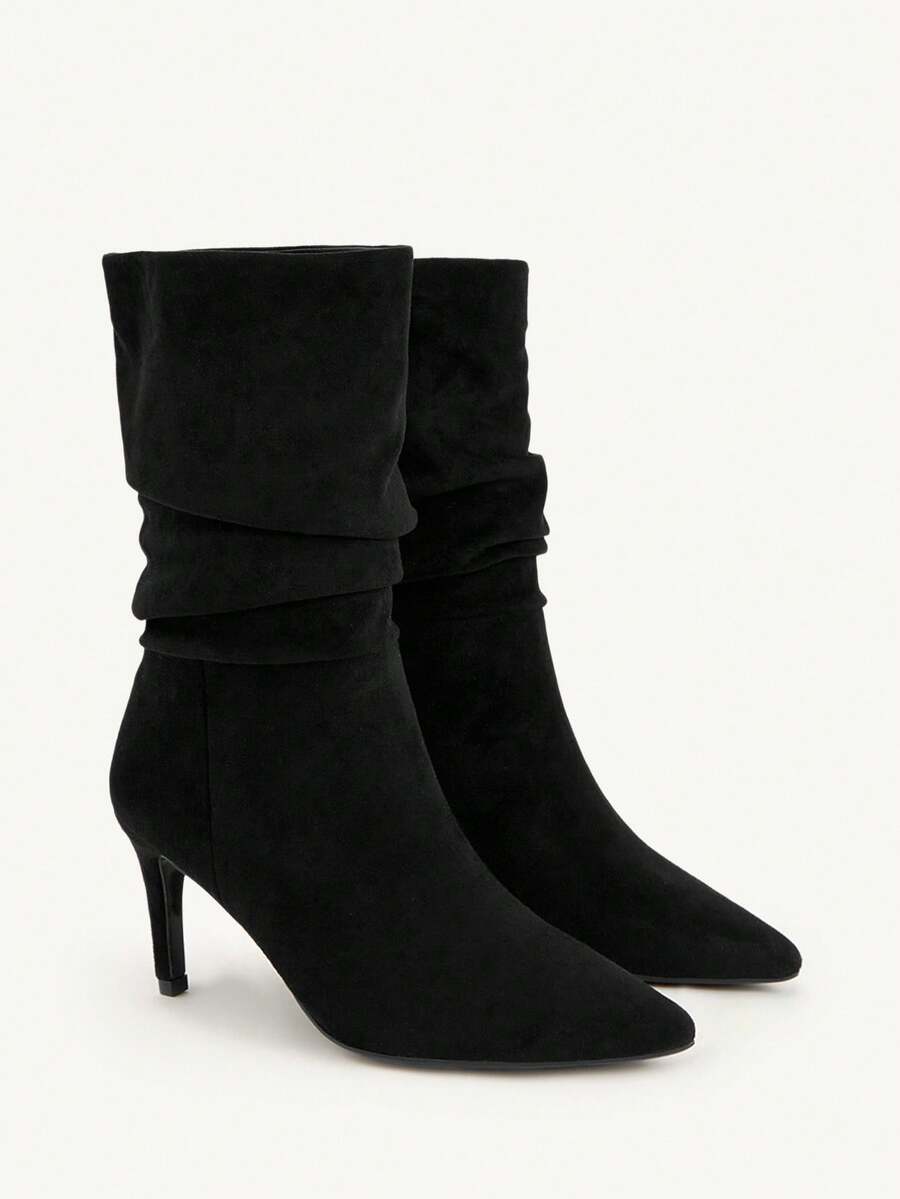 CUCCOO CHICEST Giày bốt cao đến giữa bắp chân bằng nhung giả da lộn màu đen cổ điển thoải mái, kiểu dáng mới thu/đông, xếp ly, mũi nhọn, thanh lịch, dễ phối đồ, phù hợp cho các buổi hẹn hò, công sở, Halloween, Giáng sinh, Lễ tạ ơn, đa năng - màu đen - Xem 1