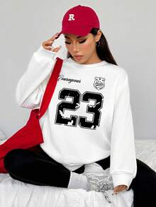 SHEIN EZwear 2 件套休闲简约运动风格返校学院风字母和数字 23 徽章印花宽松圆领运动衫和紧身打底裤/裤子，适合秋冬季 - 彩色 - 查看 4