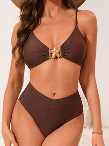 Swim Chiccia Solid Color Bikini Set, For Beach Vacation For Summer - Coffee Brown - View 3
