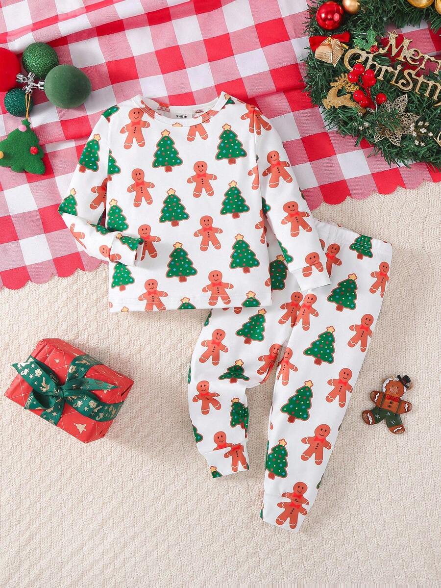 2pcs Baby/Toddler Boys' Christmas Cookie & Tree Print Long Sleeve Top And Pants Pajama Set Baby Christmas Pajamas,Snug Fit