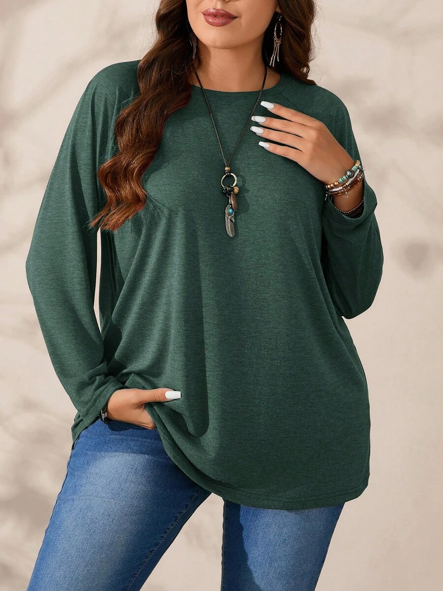 EMERY ROSE Plus Size Round Neck Long Sleeve Casual Loose Soft Appealing Winter T-Shirt,Fall Clothes - Dark Green - View 1