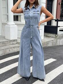 DAZY Women's Autumn Collared Sleeveless Waist Denim Jumpsuit Overalls Y2k - Blue - View 4