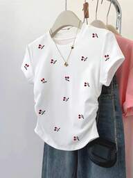 SHEIN Women's Fashionable Versatile Fitted Ruched Waist Short Sleeve Top, All-Over Cherry Print, Summer