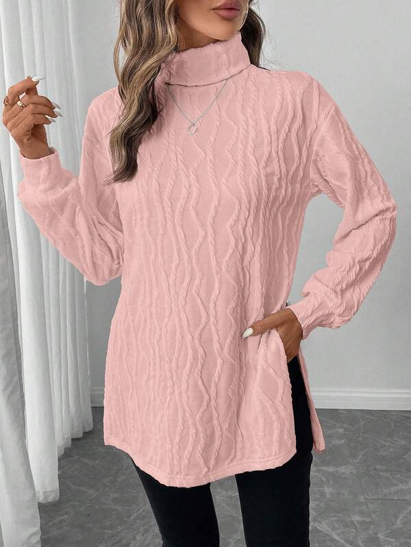 SHEIN LUNE Women's Classic Long Sleeve T-Shirt, Textured Knit Turtleneck, Comfortable & Versatile For Casual, Party, All Seasons
