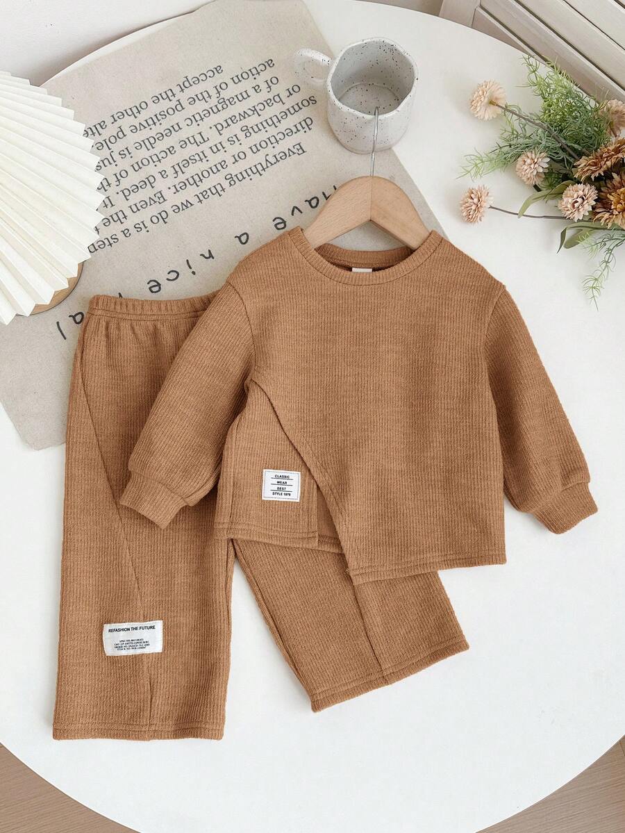 SHEIN 2pcs Babygirl Casual Knit Khaki Long Sleeve Top And Elastic Waist Pants Set, Autumn/Winter Toddler Set Brown Baby Outfit Baby Set Autumn Winter Baby Clothes Set Mocha Baby Set - Khaki - View 1