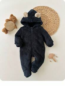 新生男婴可爱蓬松海军蓝卡通印花连帽连体衣 - 藏蓝色 - 查看 4