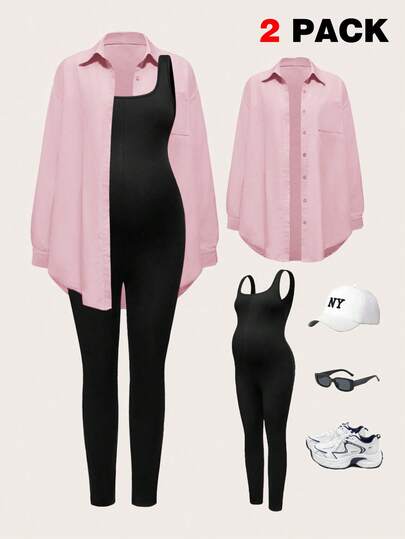 Modmama 2pcs Maternity Solid Color Sleeveless Jumpsuit Set Pregnant Outfits Maternity Jumpsuit Pink Maternity Shirt Pregnancy Outfit Maternity Outfits