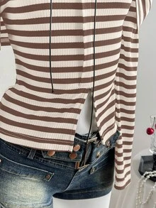 SHEIN Unity 黑白罗纹露肩褶饰纽扣装饰前开衩修身长袖 T 恤，时尚简约优雅，适合通勤、休闲、日常、外出、约会、秋冬 - 棕色 - 查看 6