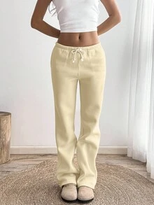 SHEIN Unity Apricot Low Waist Drawstring Tie Slant Pocket Straight Wide Leg Sweatpants, Fashion Minimalist Casual Daily Versatile, Suitable For Petite Women, Spring/Autumn - Apricot - View 5