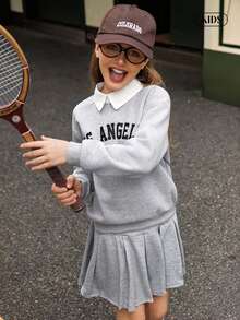 Hanevo 2pcs/Set Tween Girl American College Style Collared Shirt With English Letter Print & Pleated Skirt, Casual Sweatshirt Set - Light Grey - View 1