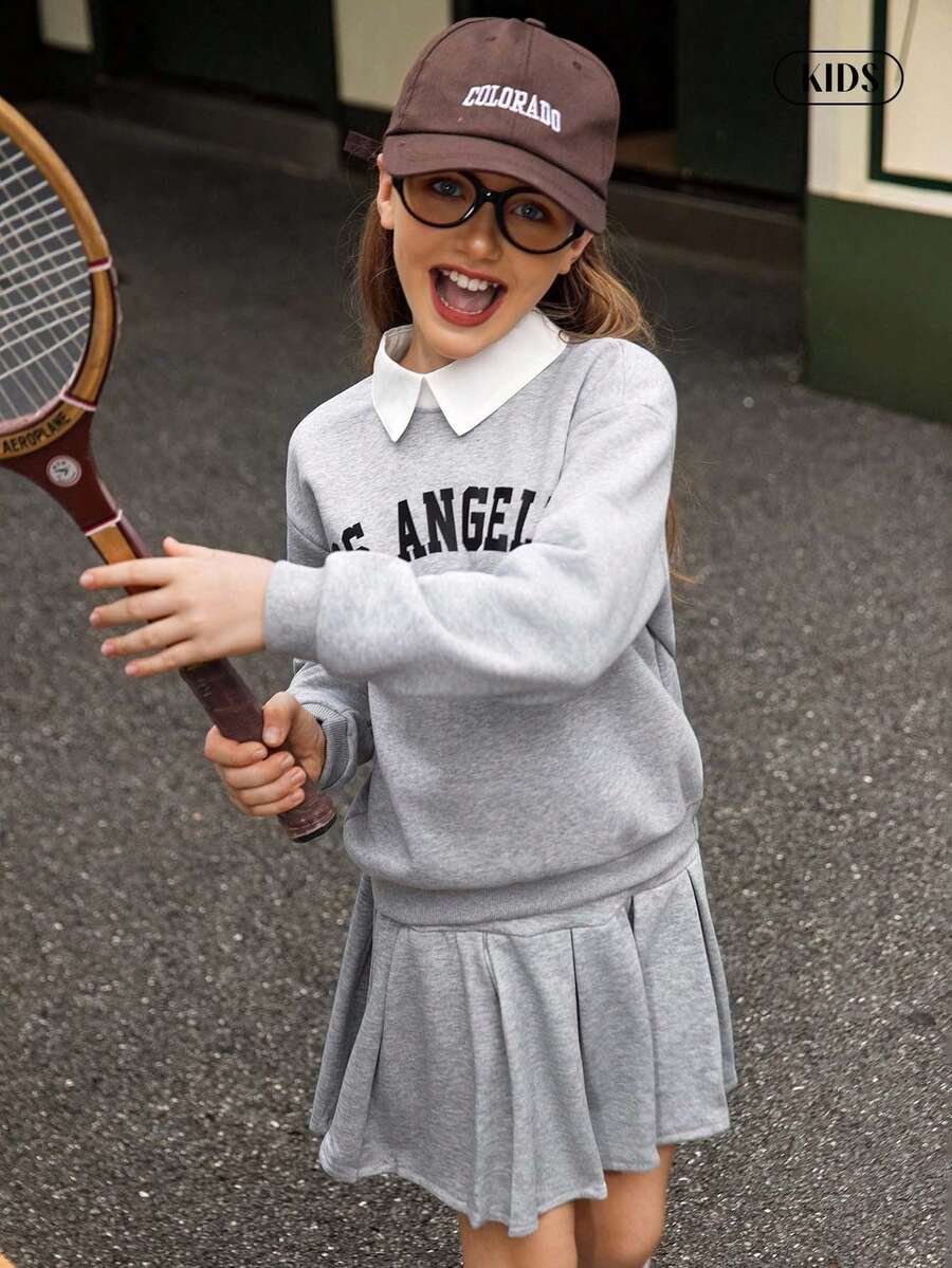 Hanevo 2pcs/Set Tween Girl American College Style Collared Shirt With English Letter Print & Pleated Skirt, Casual Sweatshirt Set - Light Grey - View 1