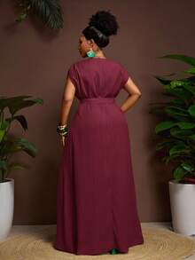 Veslaya Plus Size Summer Vacation Casual Solid Color Front Button Long Dress - Burgundy - View 5