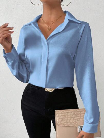 SHEIN PETITE Women's Solid Color Satin Simple Shirt With Asymmetric Hem Women Blouses Elegant