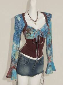 SHEIN ICON Áo cánh rộng tay dài xếp nếp in họa tiết cổ điển dành cho nữ - Nhiều màu - Xem 6