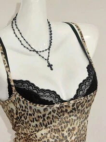 SHEIN ICON Áo hai dây họa tiết da báo dành cho nữ, kết hợp với áo ngực dây mảnh ren đen, bộ 2 món - Nhiều màu - Xem 9