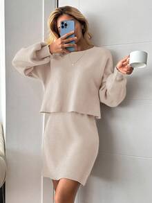 EURMUSE 蝙蝠袖毛衣和針織裙 - 杏色 - 查看 3