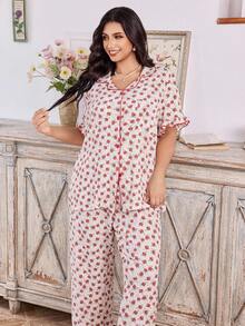 CottageSlumber Bubble Floral Print Open Front Collar Plus Size Pajama Set - Red - View 4