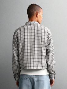 SUMWON Áo sơ mi kẻ caro cài nút tay dài cắt ngắn giản dị có nhãn đỏ, nhẹ nhàng, cổ điển, mặc hàng ngày - Màu xanh hải quân - Xem 2