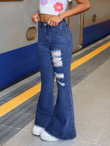 SHEIN Tween Girl Summer Holiday Raw Hem Lilac Washed Ripped High Stretch Cotton Soft Flare Jeans Pants,Summer Vacation Beach Concert Rave, Distressed Bell Bottom Jeans, Bell Bottom Jeans, Blue Jeans, Medium Wash Jeans Fall Winter - Dark Wash - View 6