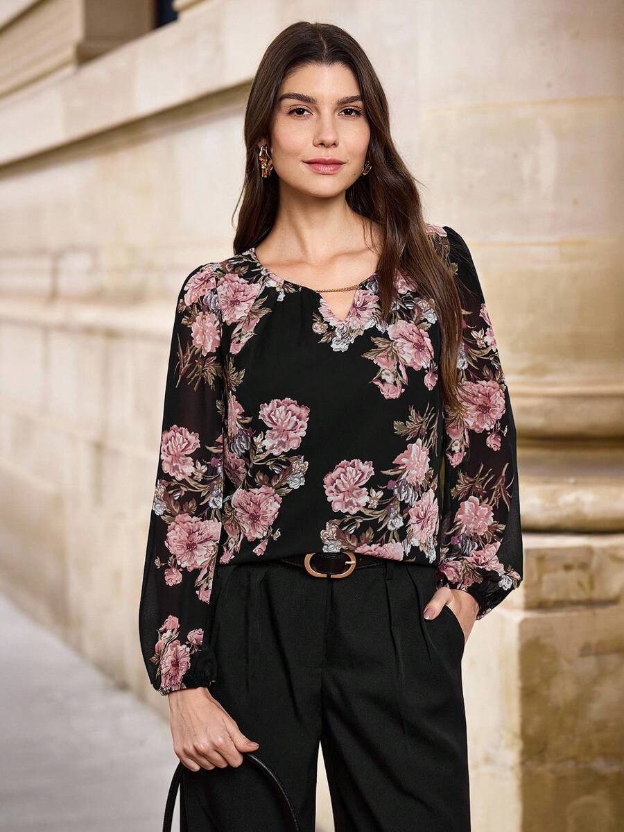 EMERY ROSE Floral Print Lantern Sleeves Blouse - Multicolor - View 1