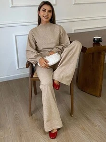 DAZY Women's Casual Solid Color Mandarin Collar Lantern Sleeve Sweater & Pants 2 Pieces Set, Autumn - Khaki - View 5