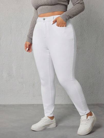 SHEIN ICON Plus Size Casual Versatile Solid Color Slim Fit Jeans