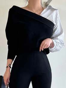 DAZY 女式撞色拼布不对称设计套头衫，春秋 - 黑色 - 查看 2