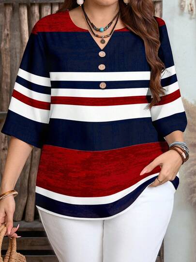 EMERY ROSE Camisa casual de manga corta con botones delanteros, estilo universitario, con patrón de rayas de contraste rojo y azul, estilo náutico, para mujer de talla grande. Camisa de verano para mujer, estilo bohemio y campestre para vacaciones, sencilla y de moda, adecuada para uso diario, blusas de verano para mujer.