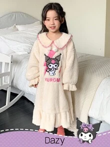 DAZY HELLO KITTY AND FRIENDS | SHEIN 少女冬季卡通刺绣彼得潘领睡衣套装，秋冬 - 米色 - 查看 7