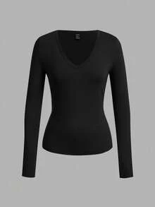 SHEIN EZwear Bộ 3 áo thun dài tay cổ chữ V sâu ôm vừa vặn cho nữ, phù hợp cho mùa thu/đông - Nhiều màu - Xem 7