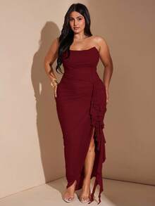 SHEIN BAE Gaun Jala Burgundy Elegan Ukuran Plus untuk Wanita, Gaun Koktail Musim Dingin dengan Belahan Ruffle, Cocok untuk Kencan, Pernikahan, Pesta, Wisuda, dan Liburan. - Burgundy - View 1