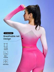SHEIN Sovereign Charm Women's Ombre Round Neck Long Sleeve Sports T-Shirt - Pink - View 2