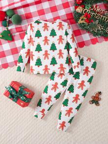 2pcs Baby/Toddler Boys' Christmas Cookie & Tree Print Long Sleeve Top And Pants Pajama Set Baby Christmas Pajamas,Snug Fit