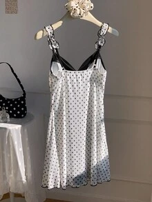 Comfortcana Women's Elegant Contrast Color Polka Dot Print Camisole Mini Dress, Summer - Black and White - View 2