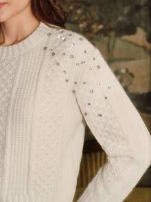 Anewsta eleganter einfarbiger Jacquard-Pullover mit Diamantenverzierung, Herbst/Winter - Beige - Übersicht 8