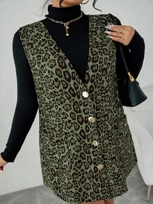 Elenzga Plus Size Women V-Neck Sleeveless Leopard Print Dress, Autumn/Winter - Olive Green - View 7
