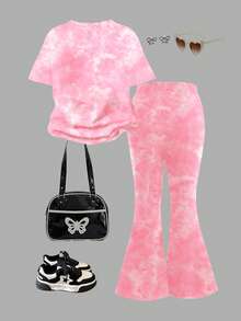 SHEIN Bộ 2 món/Bộ bé gái dễ thương hình thỏ xanh Lulu hoạt hình, họa tiết khâu, áo thun tay ngắn cổ tròn in họa tiết nhuộm màu đỏ tươi và quần ống loe, phù hợp cho mùa hè, trang phục thường ngày cho trẻ em - Nhiều màu - Xem 2