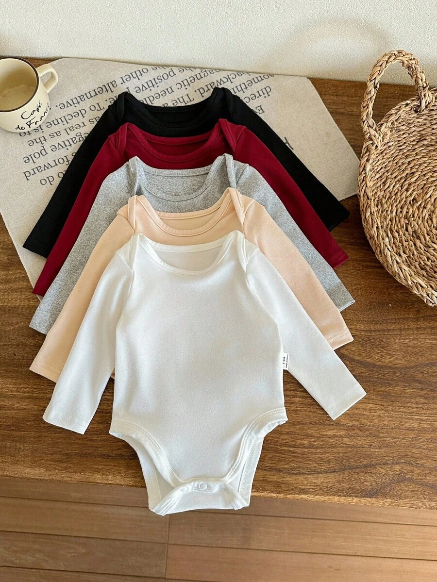 SHEIN LMoss Kids 5件套新生女宝宝可爱白色长袖连体衣套装,秋冬季宝宝中性色服装,长袖连体衣,男女宝宝通用,秋季宝宝连体衣 - 杏色 - 查看 1